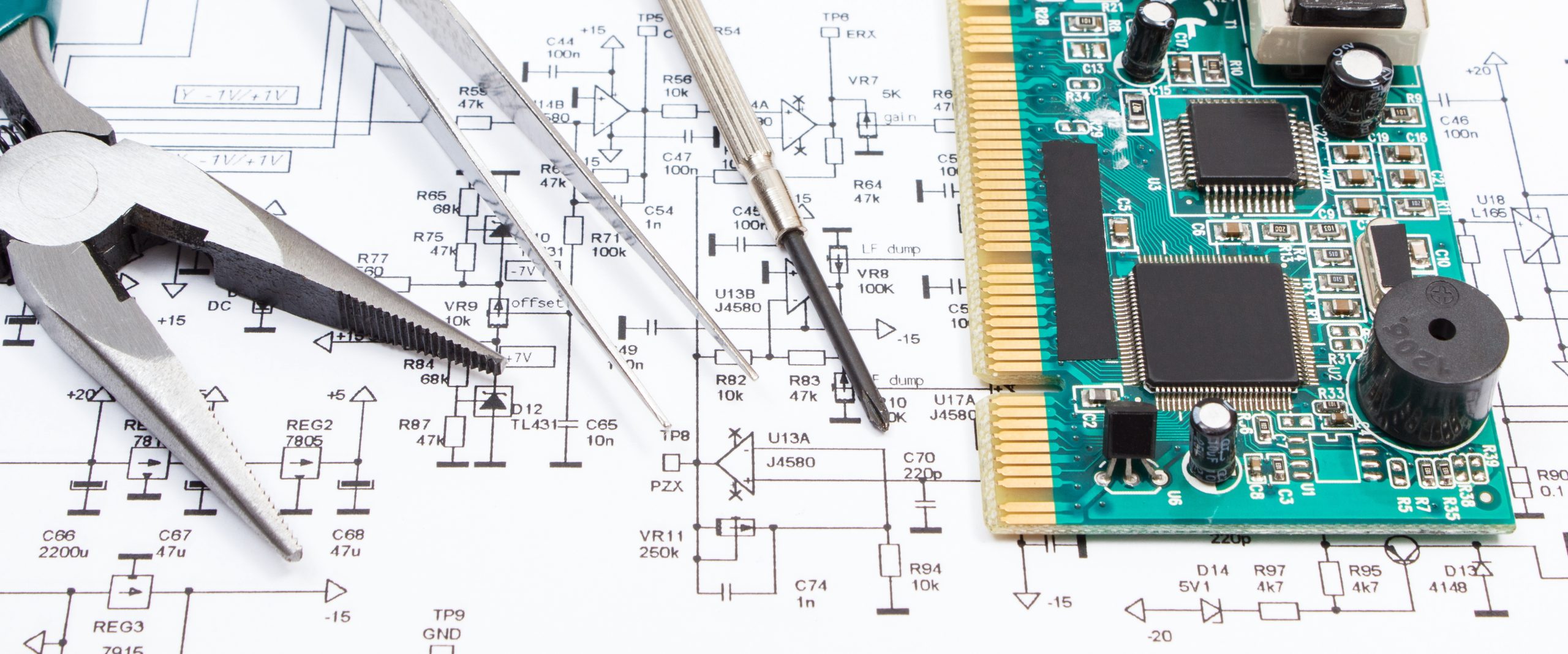 Printed circuit board, precision tools and diagram of electronics. Technology Microelectronics circuit board ME Commons