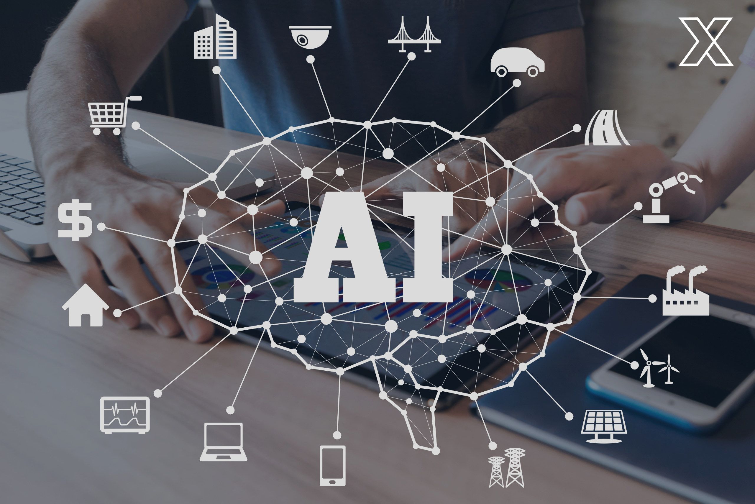 Military AI is Changing Defense Strategy An image depicting a brain-like network with digital lines demonstrating the ways AI is used, superimposed over a person interacting with tech, symbolizing the use of Artificial Intelligence in many ways.
