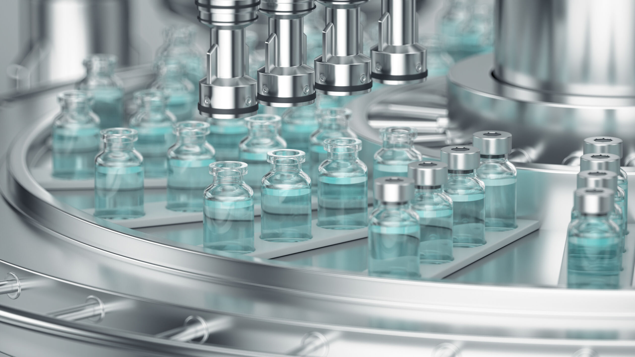 3d render. Pharmaceutical manufacture background with glass bott